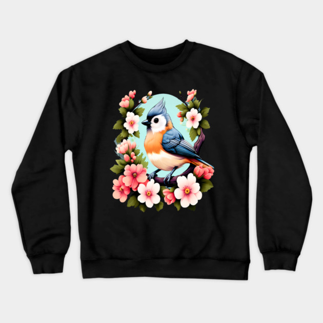 Cute Tufted Titmouse Surrounded by Vibrant Spring Flowers Crewneck Sweatshirt by BirdsnStuff