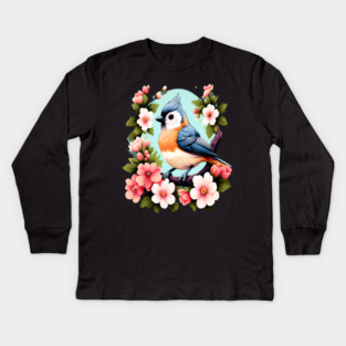 Cute Tufted Titmouse Surrounded by Vibrant Spring Flowers Kids Long Sleeve T-Shirt