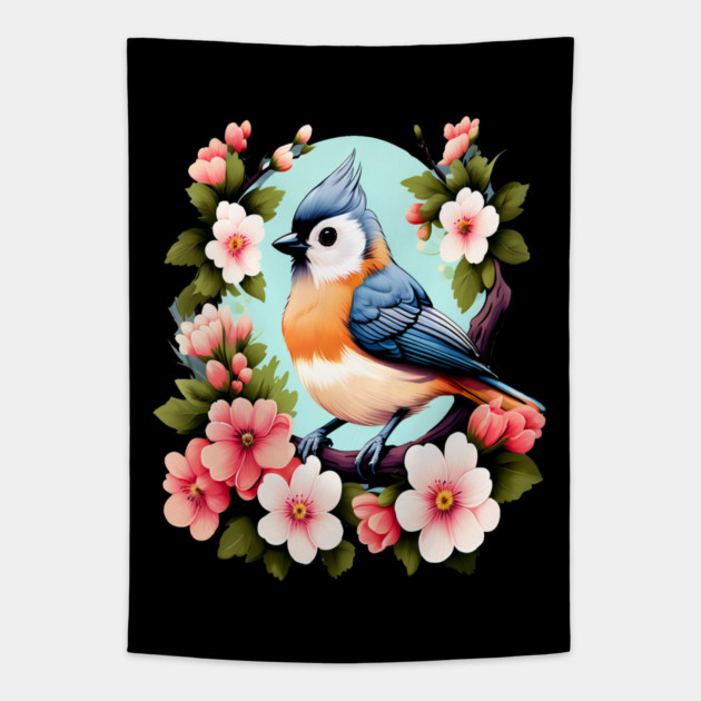 Cute Tufted Titmouse Surrounded by Vibrant Spring Flowers Tapestry by BirdsnStuff