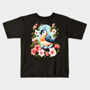 Cute Tufted Titmouse Surrounded by Vibrant Spring Flowers Kids T-Shirt