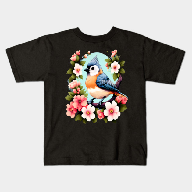 Cute Tufted Titmouse Surrounded by Vibrant Spring Flowers Kids T-Shirt by BirdsnStuff