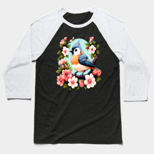 Cute Tufted Titmouse Surrounded by Vibrant Spring Flowers Baseball T-Shirt