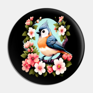 Cute Tufted Titmouse Surrounded by Vibrant Spring Flowers Pin