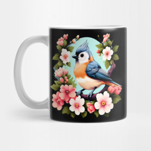 Cute Tufted Titmouse Surrounded by Vibrant Spring Flowers Mug