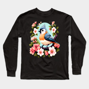 Cute Tufted Titmouse Surrounded by Vibrant Spring Flowers Long Sleeve T-Shirt