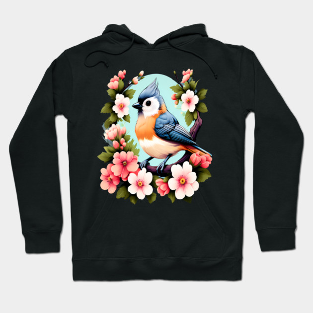 Cute Tufted Titmouse Surrounded by Vibrant Spring Flowers Hoodie by BirdsnStuff