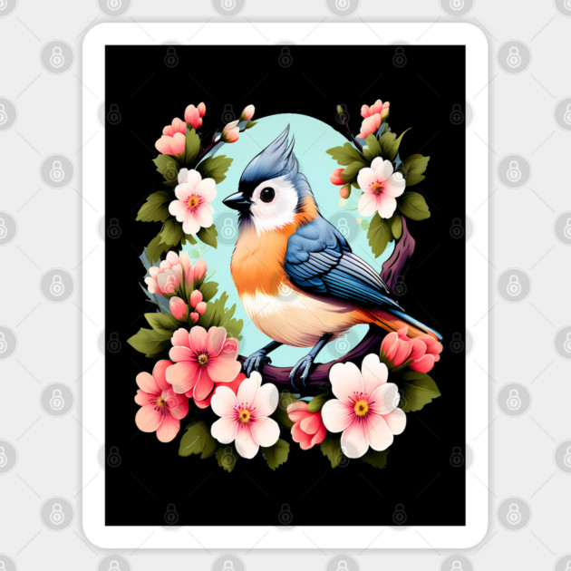 Cute Tufted Titmouse Surrounded by Vibrant Spring Flowers Sticker by BirdsnStuff