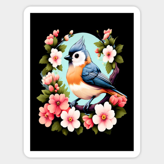 Cute Tufted Titmouse Surrounded by Vibrant Spring Flowers Magnet by BirdsnStuff