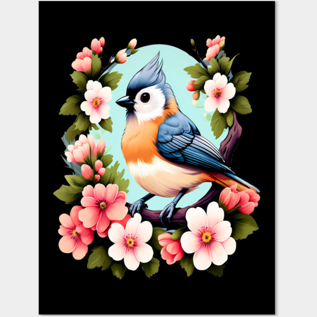 Cute Tufted Titmouse Surrounded by Vibrant Spring Flowers Wall Art by BirdsnStuff