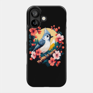Cute Tufted Titmouse Surrounded by Vibrant Spring Flowers Phone Case