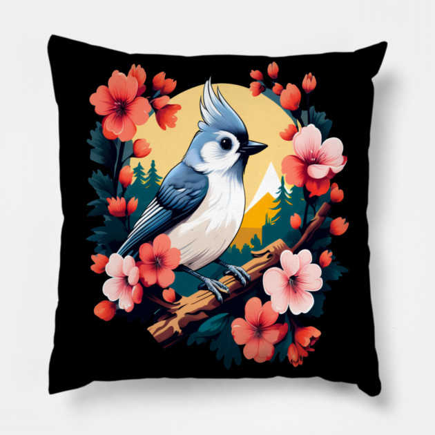 Cute Tufted Titmouse Surrounded by Vibrant Spring Flowers Pillow by BirdsnStuff