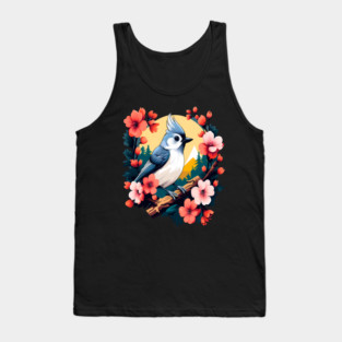 Cute Tufted Titmouse Surrounded by Vibrant Spring Flowers Tank Top