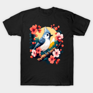 Cute Tufted Titmouse Surrounded by Vibrant Spring Flowers T-Shirt
