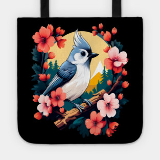 Cute Tufted Titmouse Surrounded by Vibrant Spring Flowers Tote