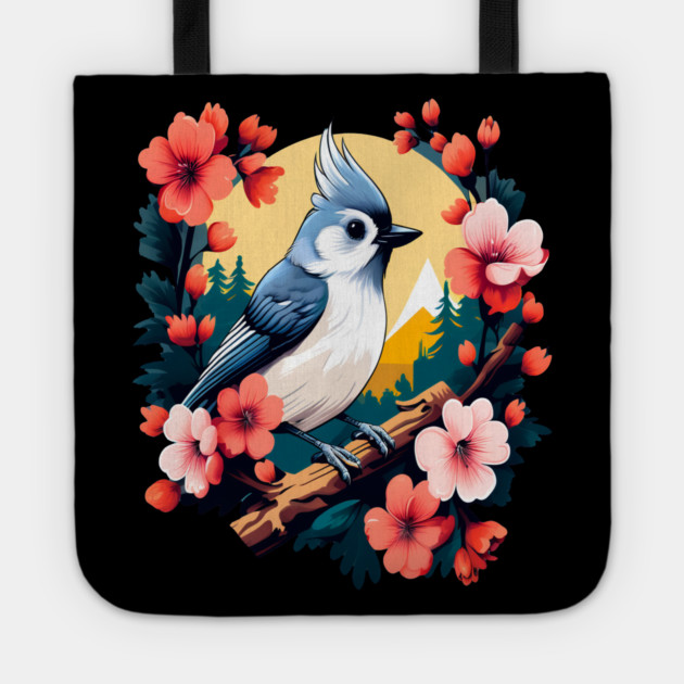 Cute Tufted Titmouse Surrounded by Vibrant Spring Flowers Tote by BirdsnStuff