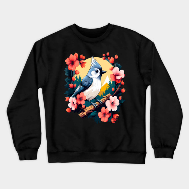 Cute Tufted Titmouse Surrounded by Vibrant Spring Flowers Crewneck Sweatshirt by BirdsnStuff