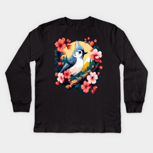 Cute Tufted Titmouse Surrounded by Vibrant Spring Flowers Kids Long Sleeve T-Shirt