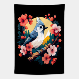 Cute Tufted Titmouse Surrounded by Vibrant Spring Flowers Tapestry