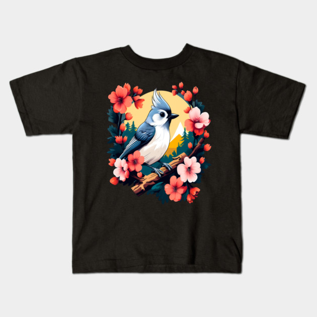 Cute Tufted Titmouse Surrounded by Vibrant Spring Flowers Kids T-Shirt by BirdsnStuff