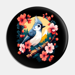 Cute Tufted Titmouse Surrounded by Vibrant Spring Flowers Pin