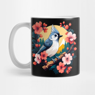 Cute Tufted Titmouse Surrounded by Vibrant Spring Flowers Mug