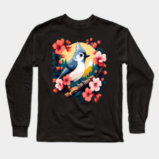 Cute Tufted Titmouse Surrounded by Vibrant Spring Flowers Long Sleeve T-Shirt
