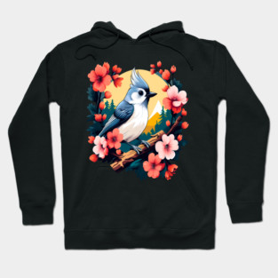Cute Tufted Titmouse Surrounded by Vibrant Spring Flowers Hoodie