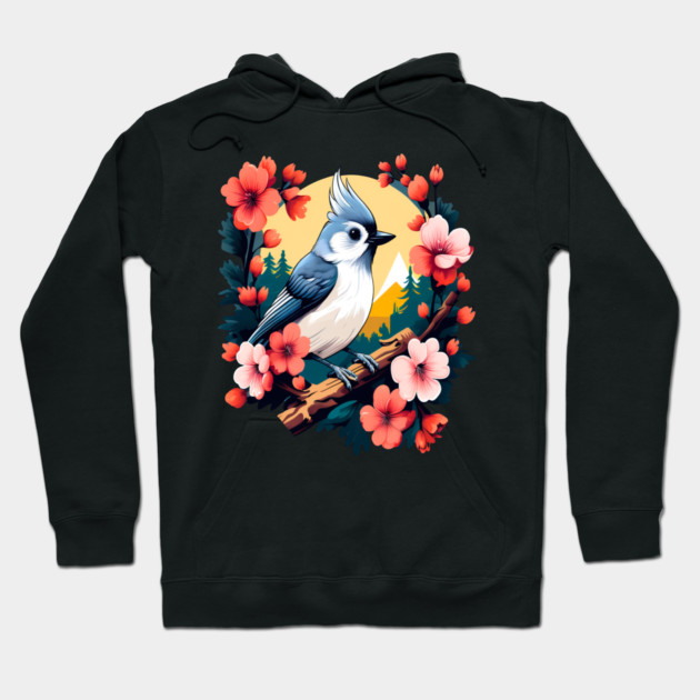 Cute Tufted Titmouse Surrounded by Vibrant Spring Flowers Hoodie by BirdsnStuff