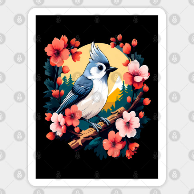 Cute Tufted Titmouse Surrounded by Vibrant Spring Flowers Sticker by BirdsnStuff
