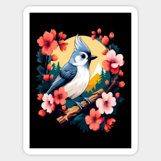 Cute Tufted Titmouse Surrounded by Vibrant Spring Flowers Magnet