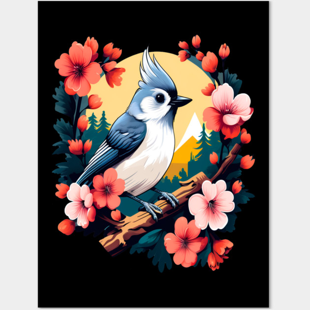 Cute Tufted Titmouse Surrounded by Vibrant Spring Flowers Wall Art by BirdsnStuff