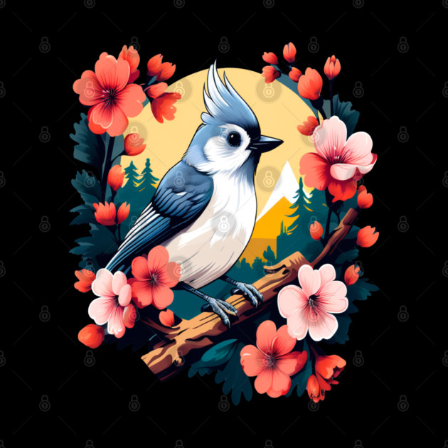 Cute Tufted Titmouse Surrounded by Vibrant Spring Flowers by BirdsnStuff