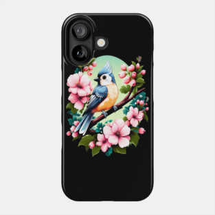 Cute Tufted Titmouse Surrounded by Vibrant Spring Flowers Phone Case