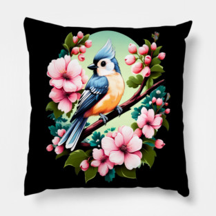 Cute Tufted Titmouse Surrounded by Vibrant Spring Flowers Pillow