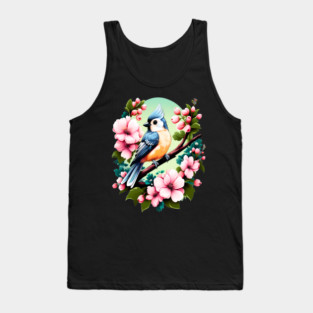 Cute Tufted Titmouse Surrounded by Vibrant Spring Flowers Tank Top