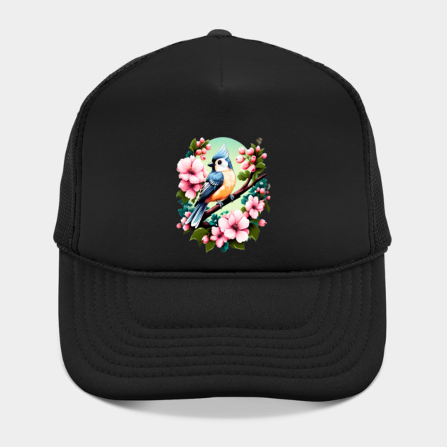 Cute Tufted Titmouse Surrounded by Vibrant Spring Flowers by BirdsnStuff