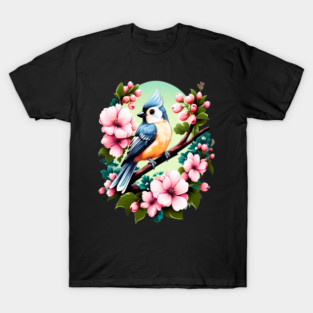 Cute Tufted Titmouse Surrounded by Vibrant Spring Flowers T-Shirt