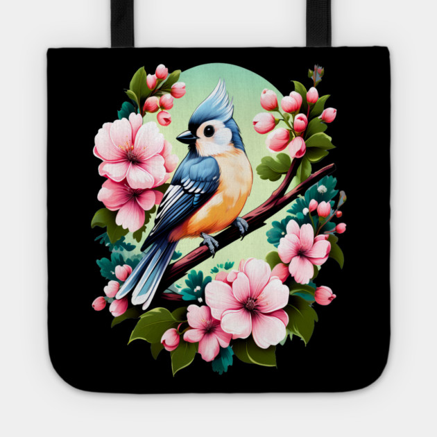 Cute Tufted Titmouse Surrounded by Vibrant Spring Flowers Tote by BirdsnStuff