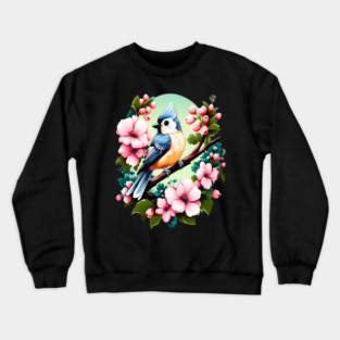 Cute Tufted Titmouse Surrounded by Vibrant Spring Flowers Crewneck Sweatshirt
