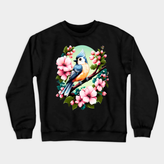 Cute Tufted Titmouse Surrounded by Vibrant Spring Flowers Crewneck Sweatshirt by BirdsnStuff