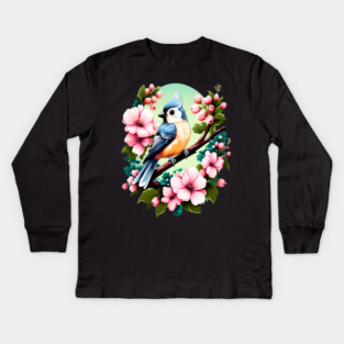 Cute Tufted Titmouse Surrounded by Vibrant Spring Flowers Kids Long Sleeve T-Shirt