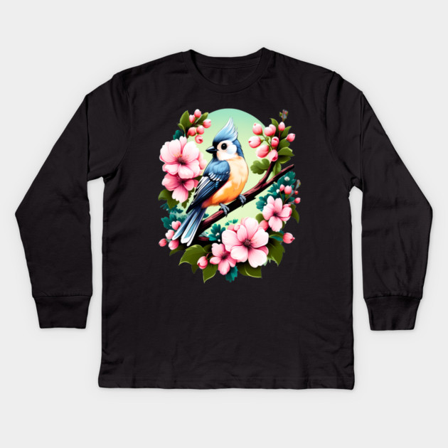 Cute Tufted Titmouse Surrounded by Vibrant Spring Flowers Kids Long Sleeve T-Shirt by BirdsnStuff