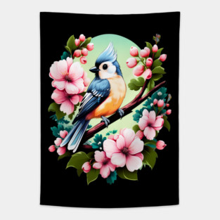 Cute Tufted Titmouse Surrounded by Vibrant Spring Flowers Tapestry