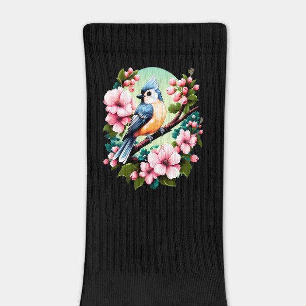 Cute Tufted Titmouse Surrounded by Vibrant Spring Flowers by BirdsnStuff