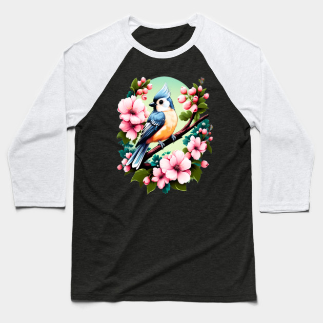 Cute Tufted Titmouse Surrounded by Vibrant Spring Flowers Baseball T-Shirt by BirdsnStuff