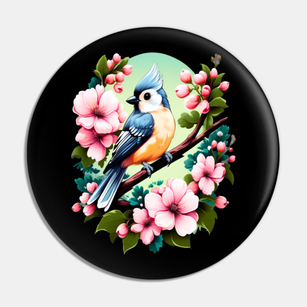 Cute Tufted Titmouse Surrounded by Vibrant Spring Flowers Pin by BirdsnStuff