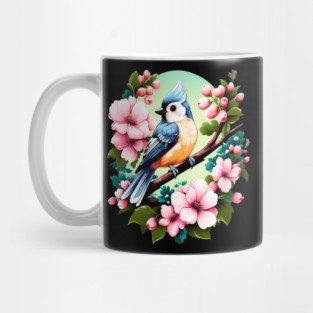 Cute Tufted Titmouse Surrounded by Vibrant Spring Flowers Mug