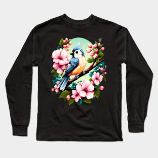 Cute Tufted Titmouse Surrounded by Vibrant Spring Flowers Long Sleeve T-Shirt