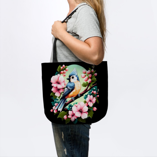 Cute Tufted Titmouse Surrounded by Vibrant Spring Flowers by BirdsnStuff