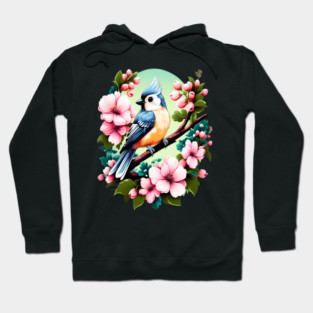Cute Tufted Titmouse Surrounded by Vibrant Spring Flowers Hoodie